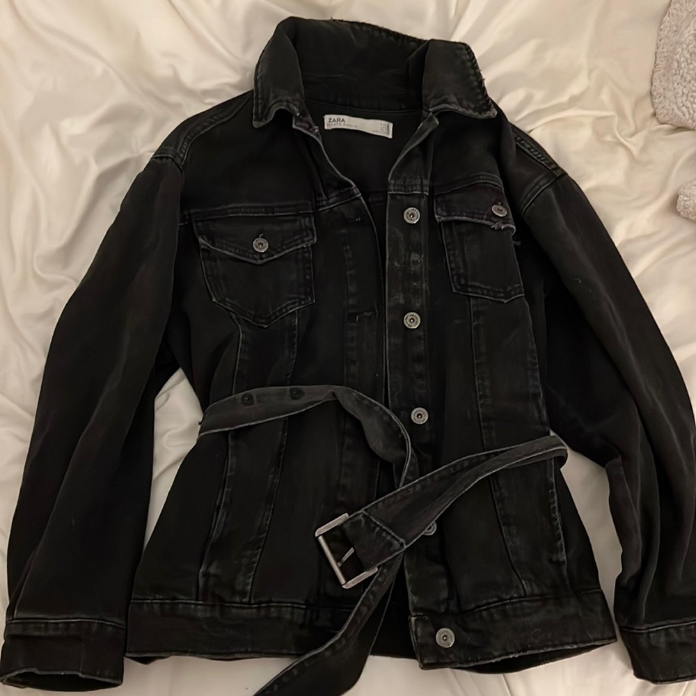 ZARA Washed Black Denim Jacket with Adjustable Belt
